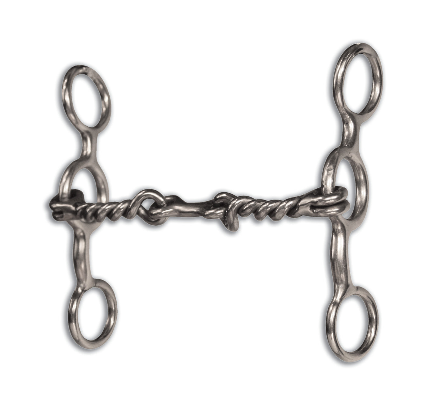 A silver-colored metal horse bit with a twisted wire snaffle mouth and dogbone sweet iron mouth bit.