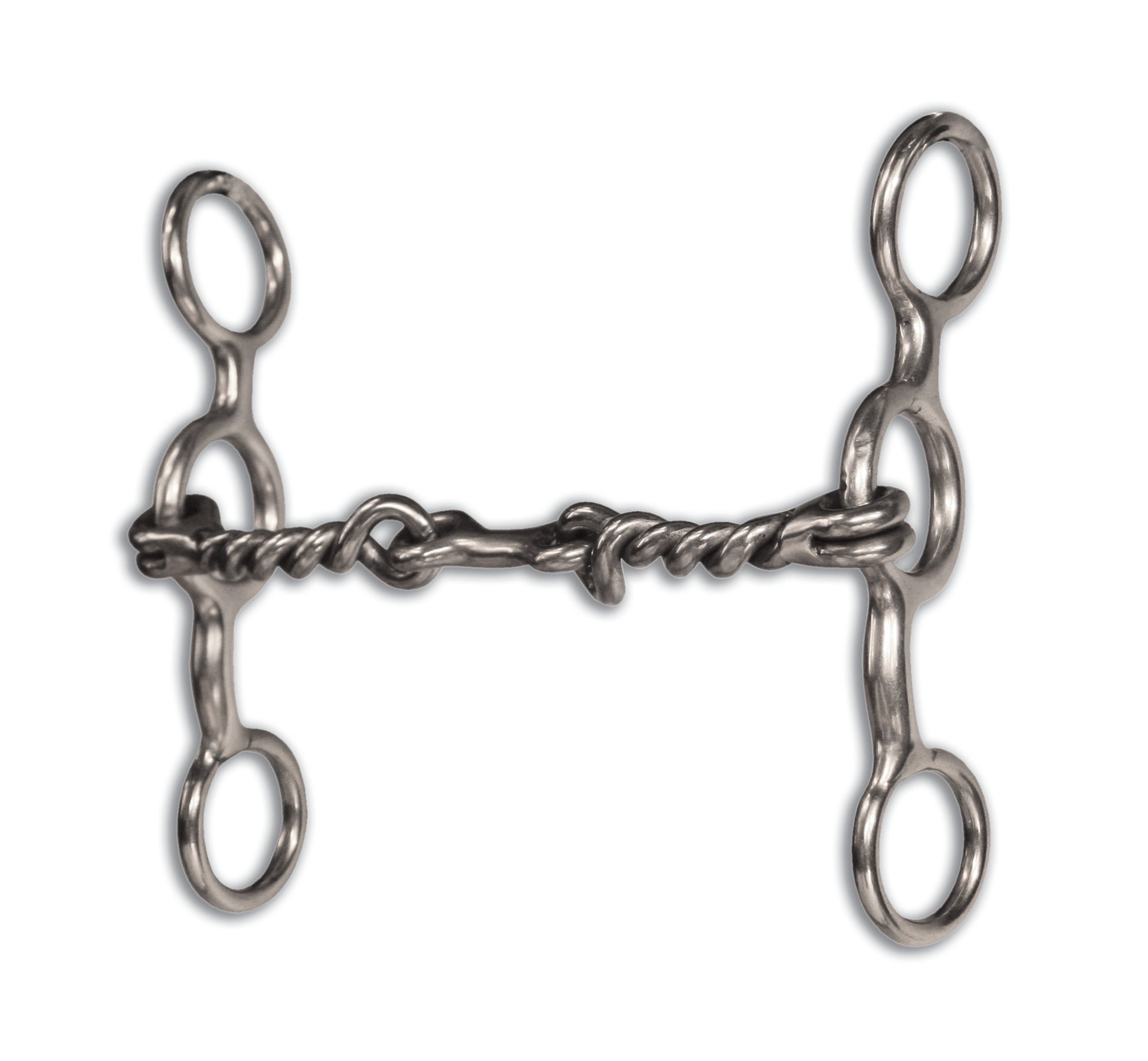A silver-colored metal horse bit with a twisted wire snaffle mouth and dogbone sweet iron mouth bit.