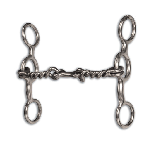 A silver-colored metal horse bit with a twisted wire snaffle mouth and dogbone sweet iron mouth bit.