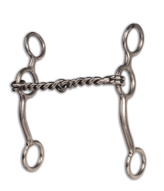 A silver-colored long shank twisted snaffle horse bit with twisted wire mouthpiece.