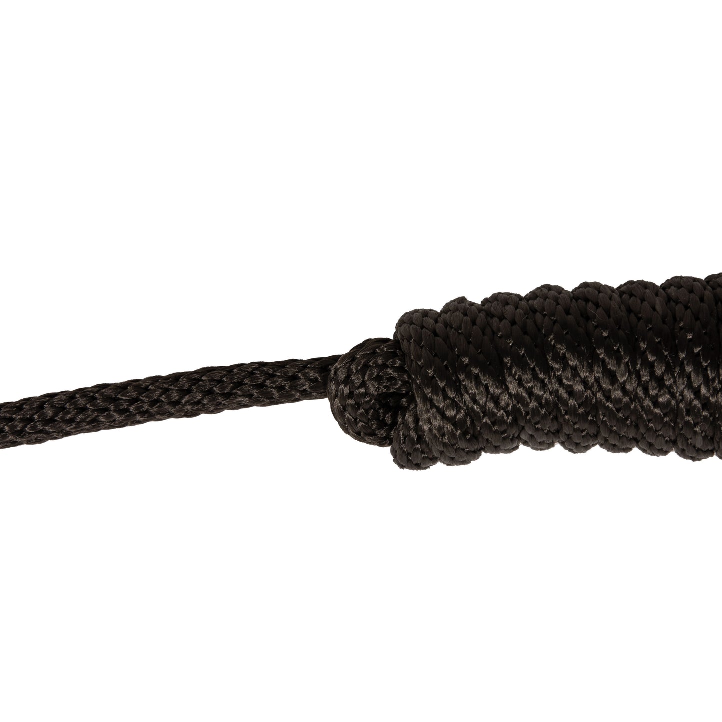 Close-up of a black braided cord on a white background