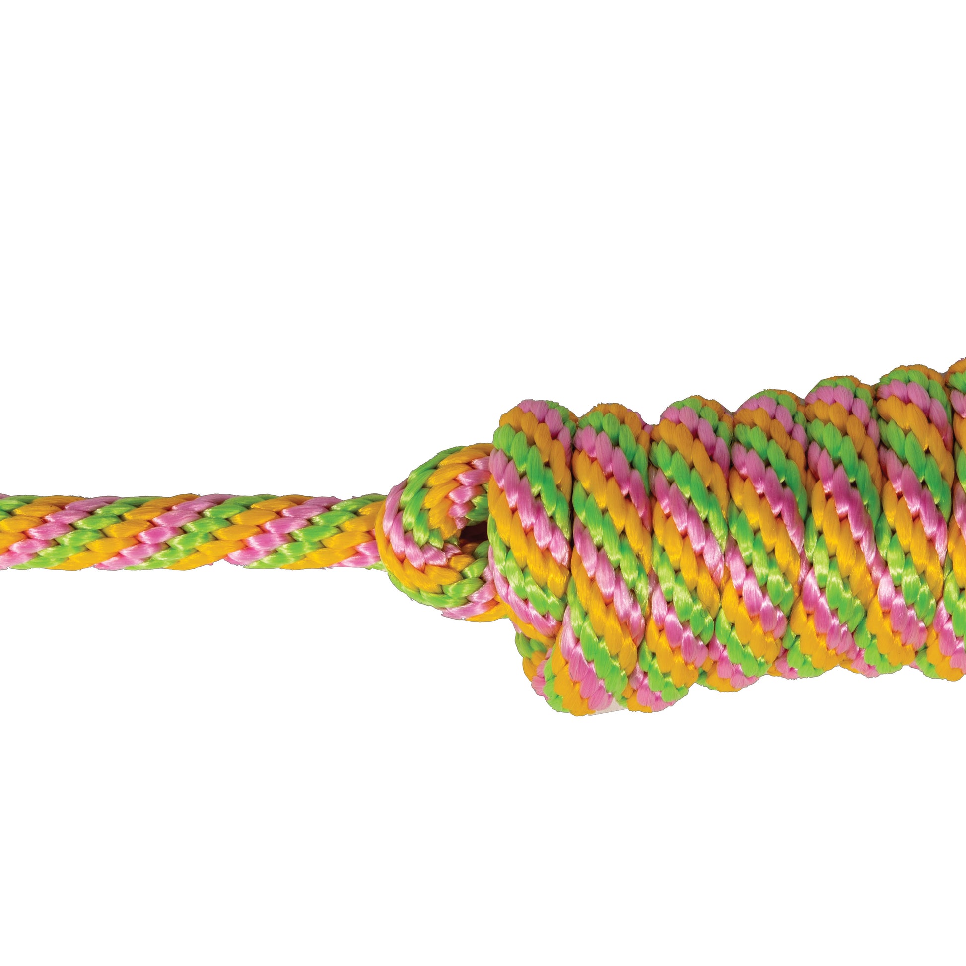 Lime green, pink and yellow braided rope with a knot on a white background