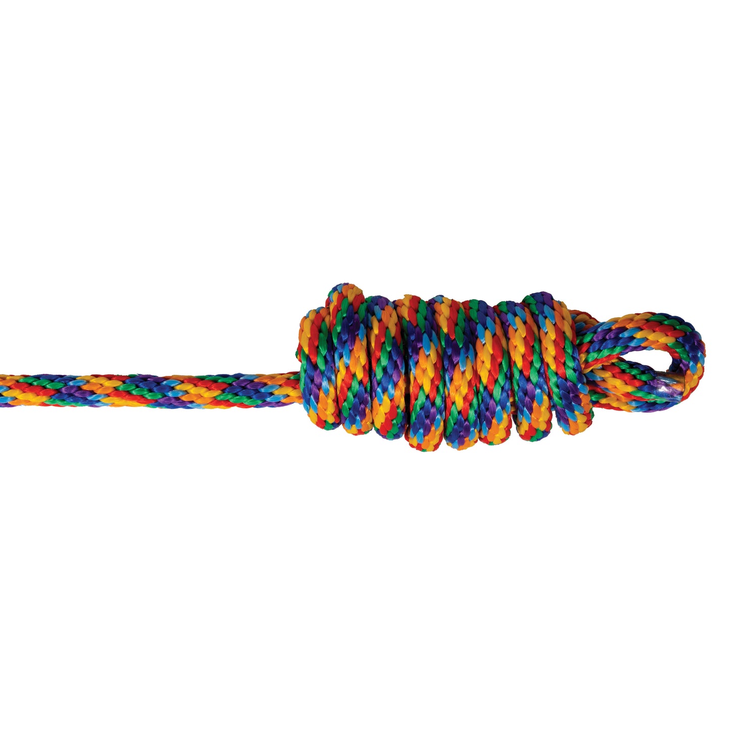 Multicolored rope with a knot on a white background