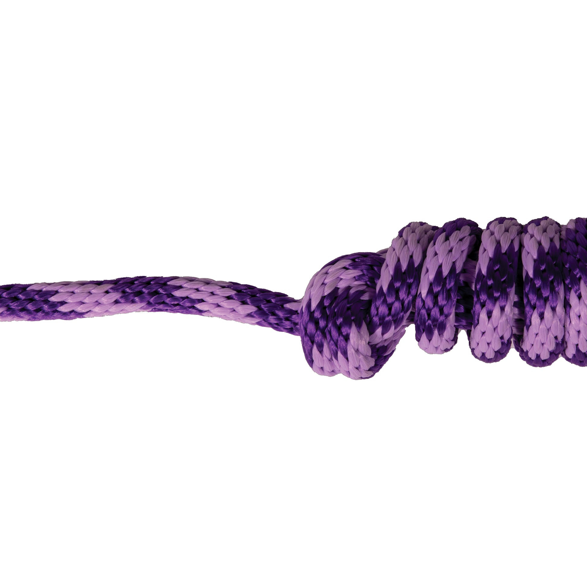 Close-up of a purple rope knot on a white background