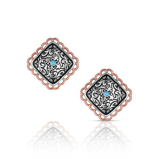 Pair of ornate Montana Silversmiths earrings with black patterns and blue gemstones on a white background