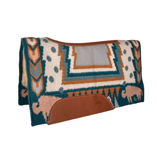 Patterned Professional's Choice saddle pad with brown leather flap on a white background