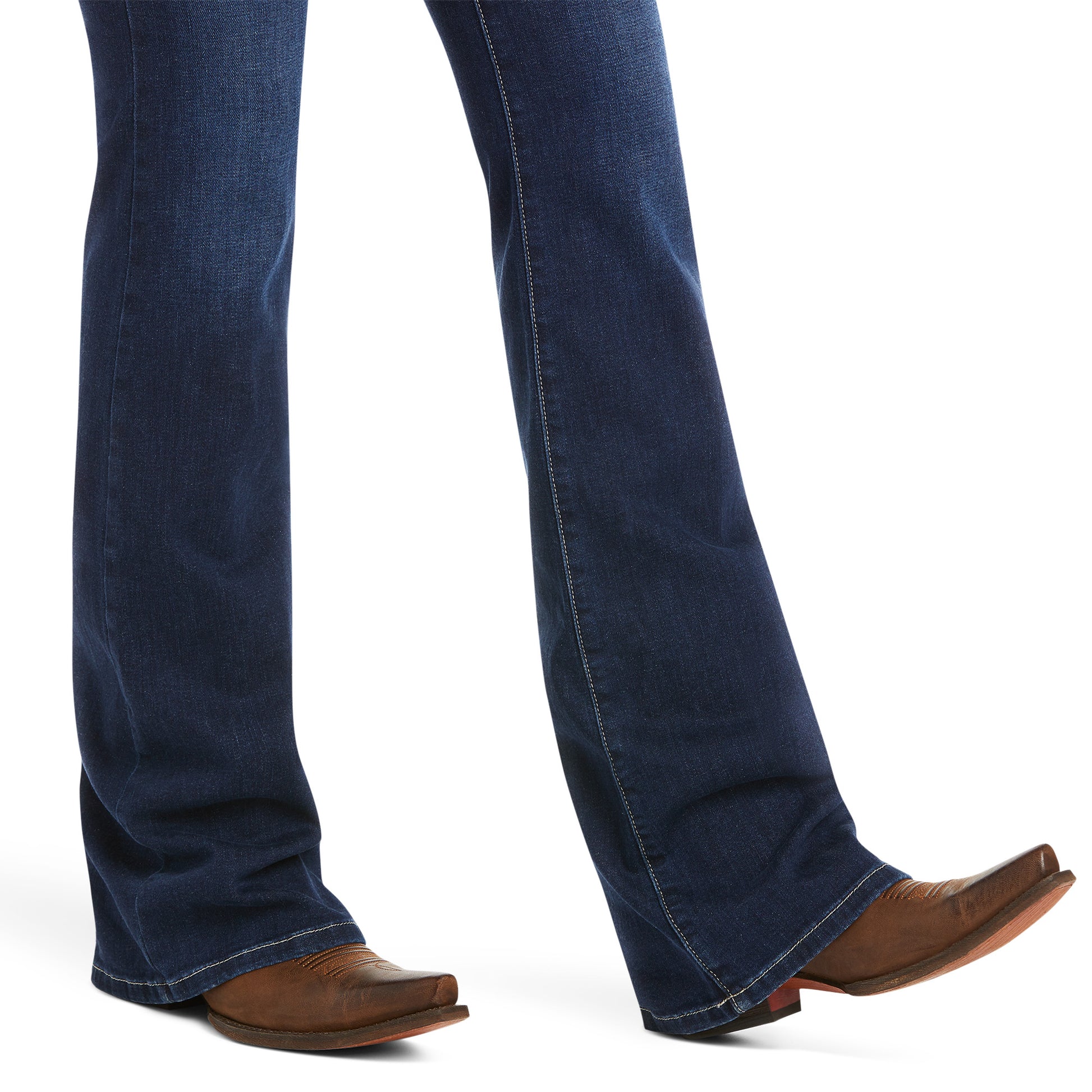 A pair of Ariat brand women's flare jeans with a high waist rise, made from dark wash denim fabric.