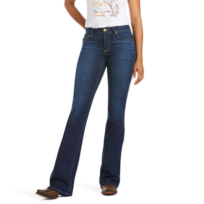 A pair of Ariat brand women's flare jeans with a high waist rise, made from dark wash denim fabric.