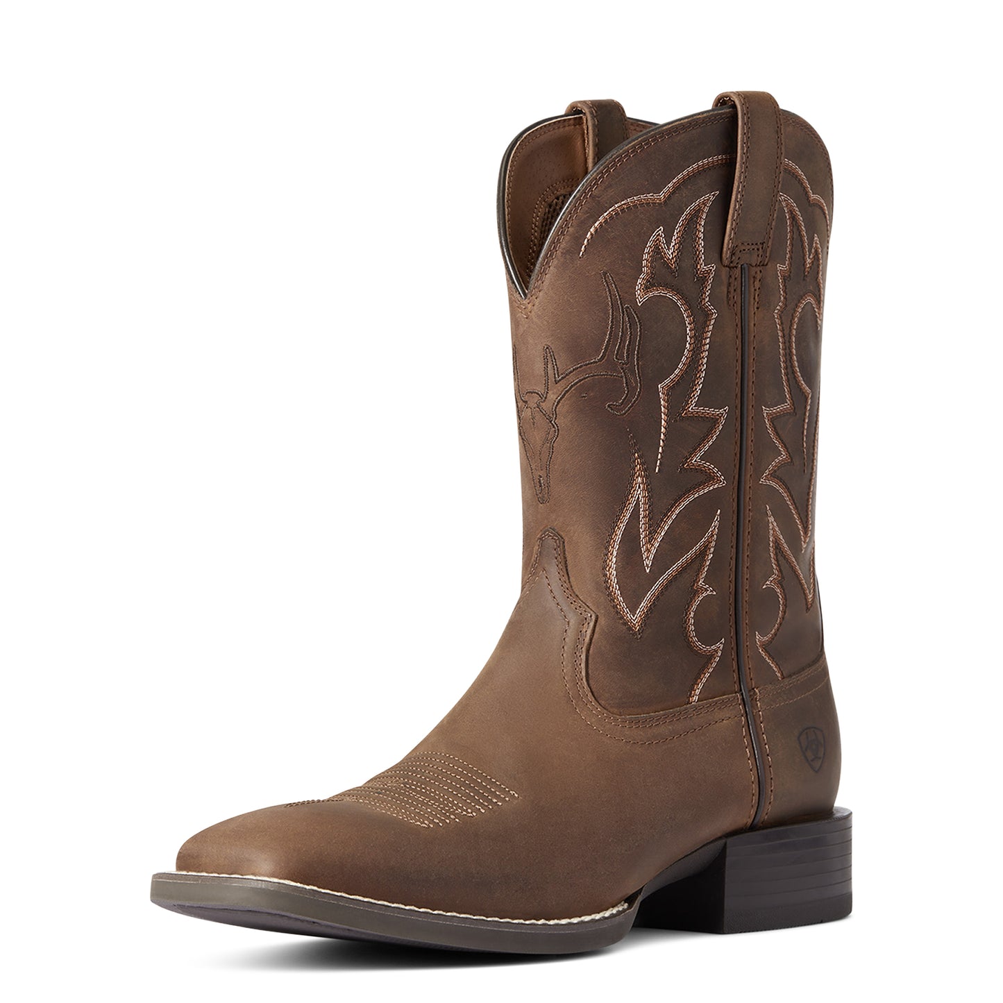 A distressed brown men's Ariat cowboy boot with a square toe and a low heel.