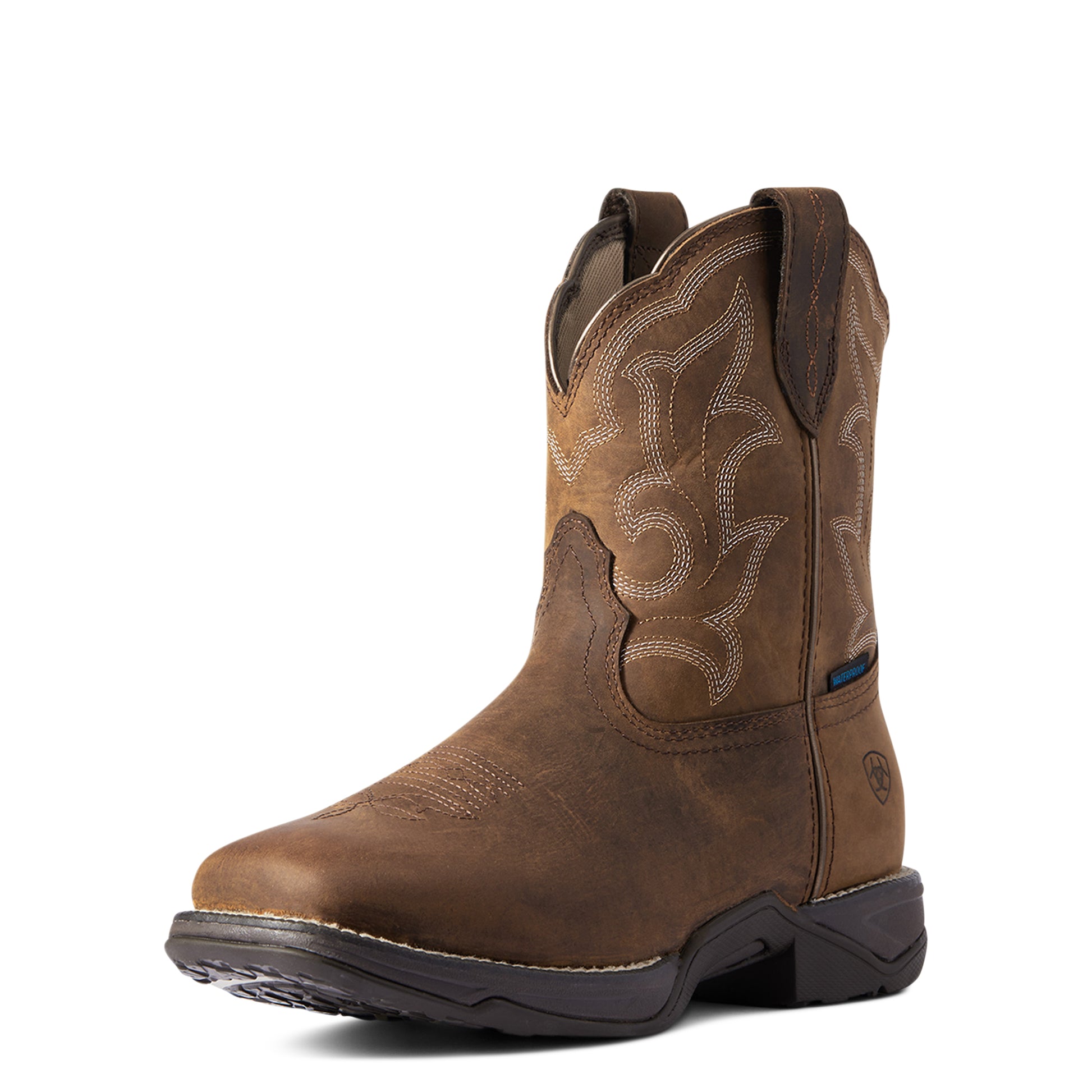 A distressed brown, full grain leather women's boot with a square toe and a unique outsole design.