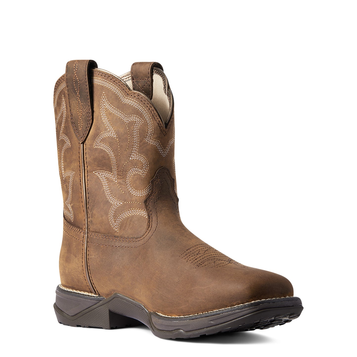 a shortie anthem distressed brown ariat boot on a white backgorund