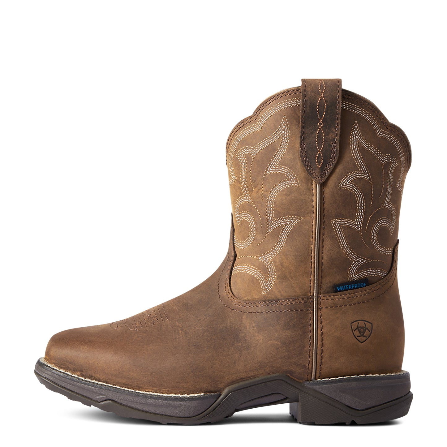 A distressed brown, ariat, full grain leather women's boot with a square toe and a unique outsole design.