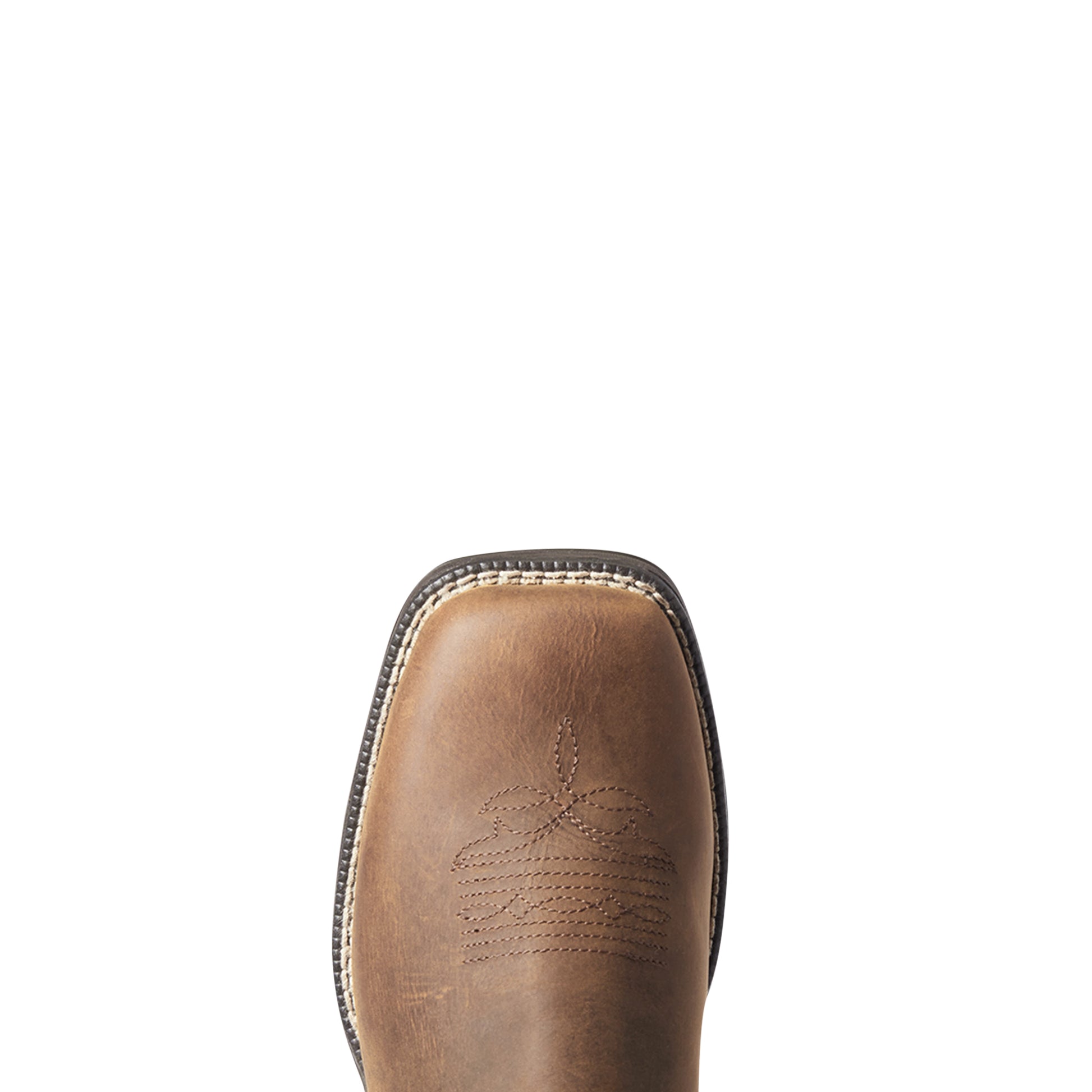 a close up of a wide square toe cowboy boot