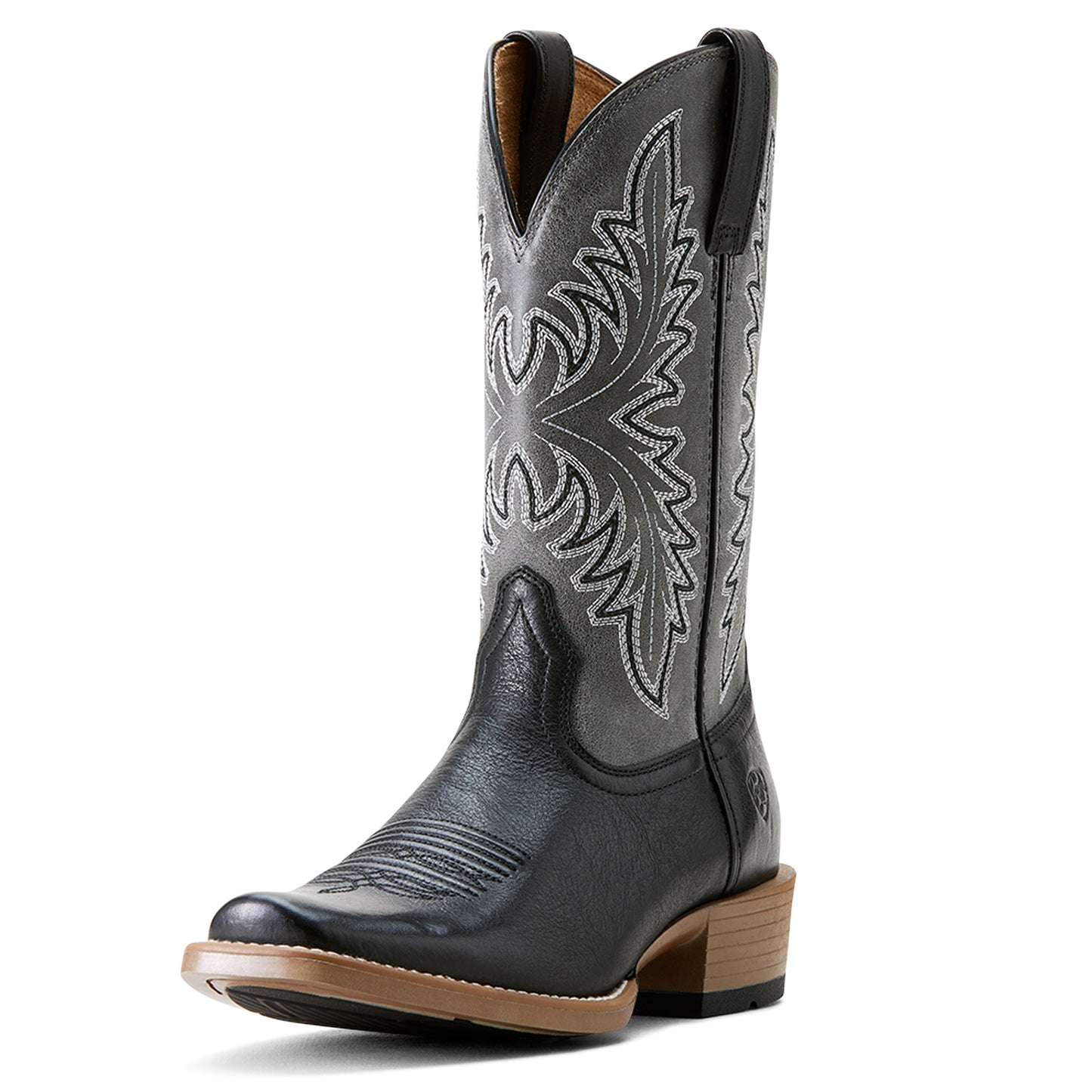 A black leather men's cowboy boot with a decorative pattern on the upper and a light brown sole.