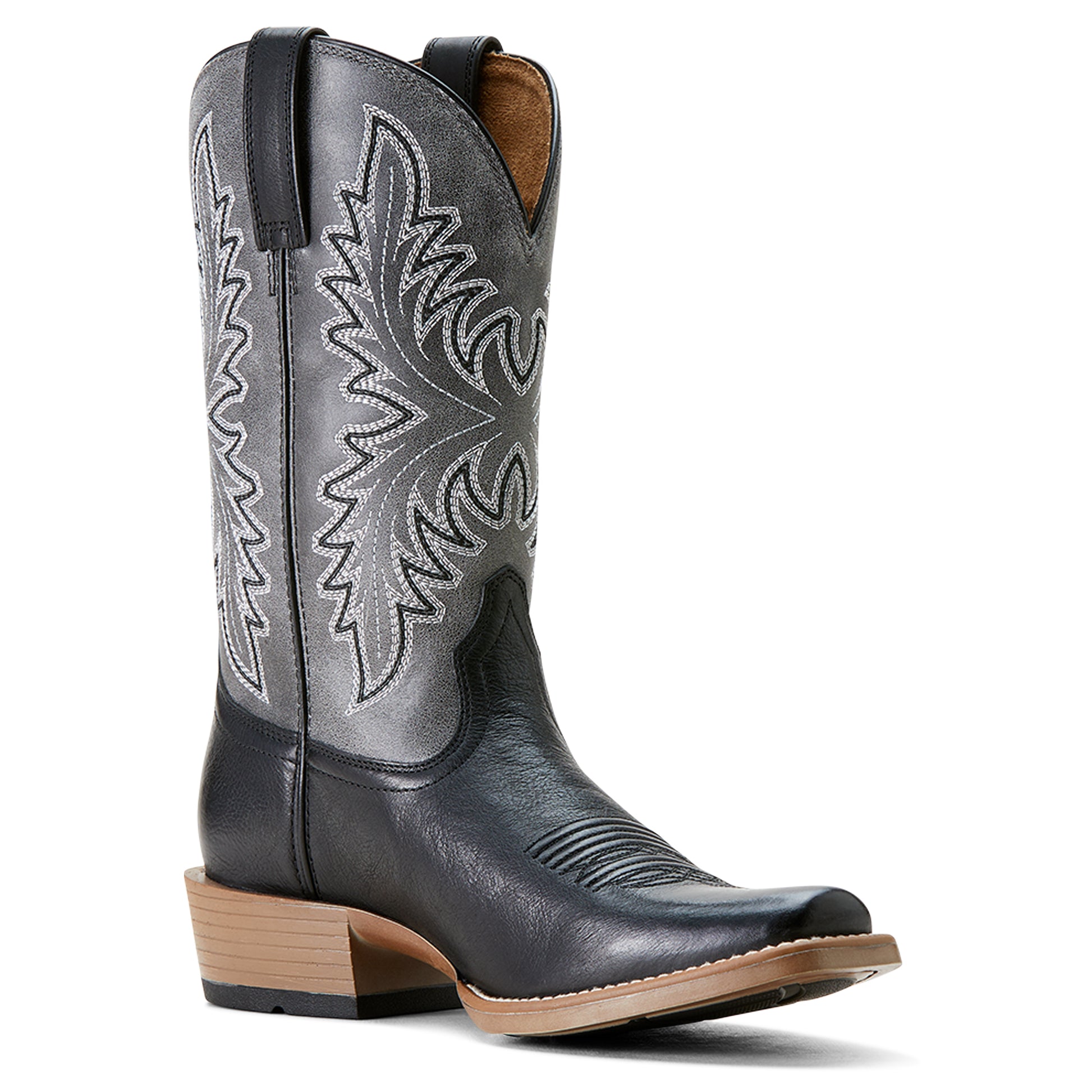 a black and grey ariat cowboy boot