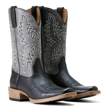 a pair of black and grey cowboy boots by ariat on a white background