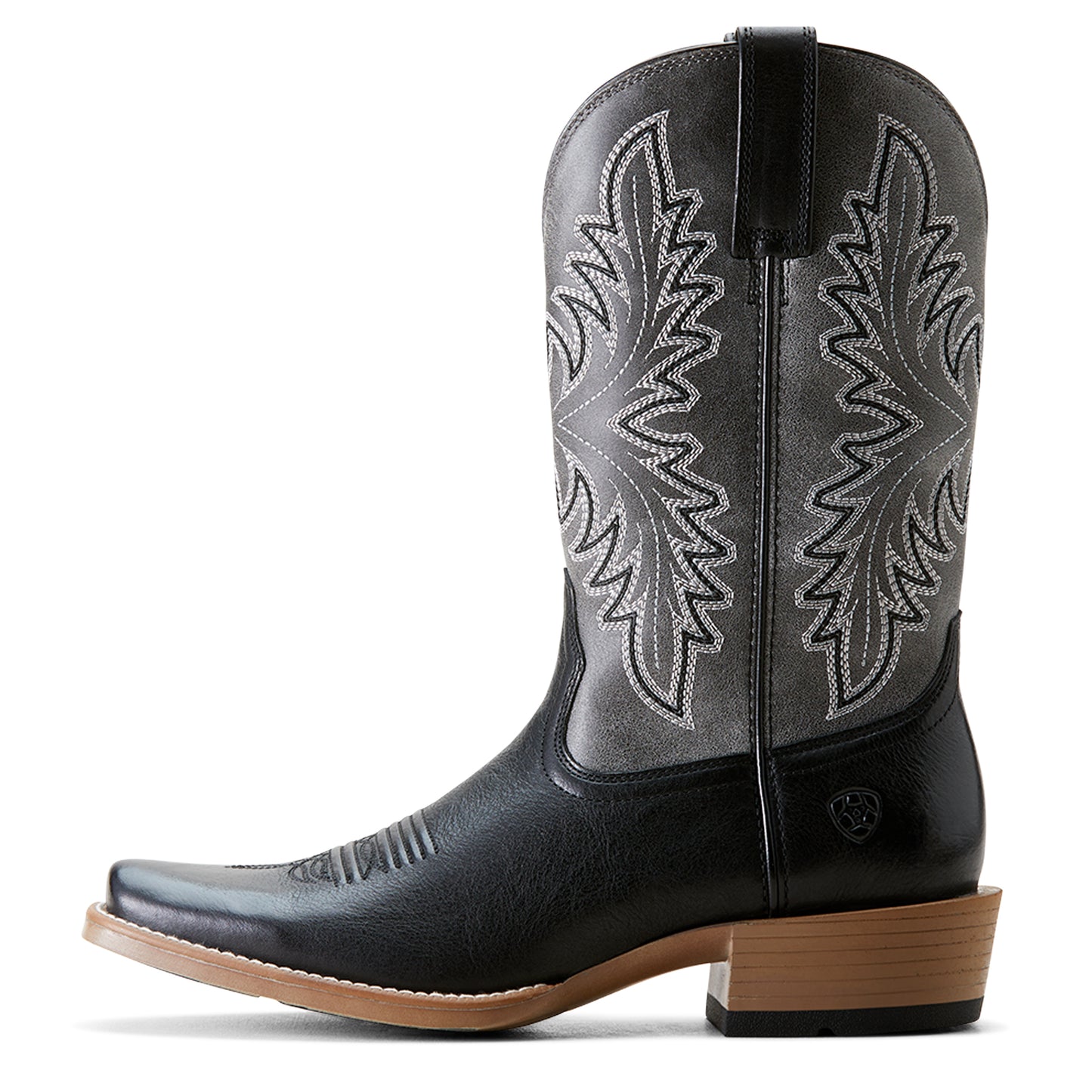 a black and grey cowboy boot by ariat on a white background