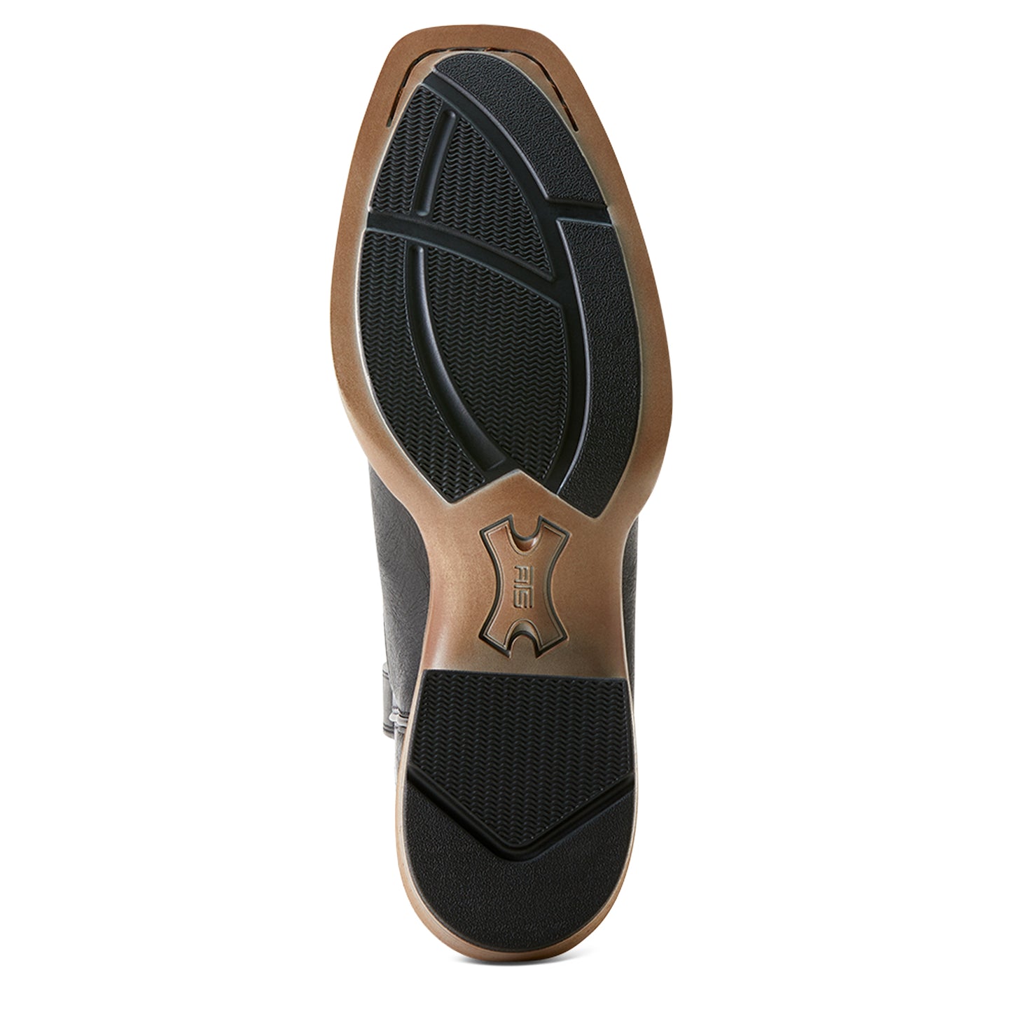 the outsole of a cowoby boot with 'ats' in the arch