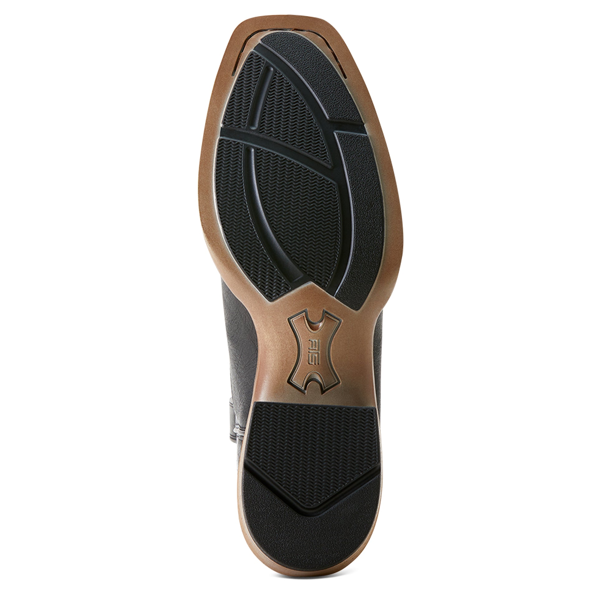 the outsole of a cowoby boot with 'ats' in the arch