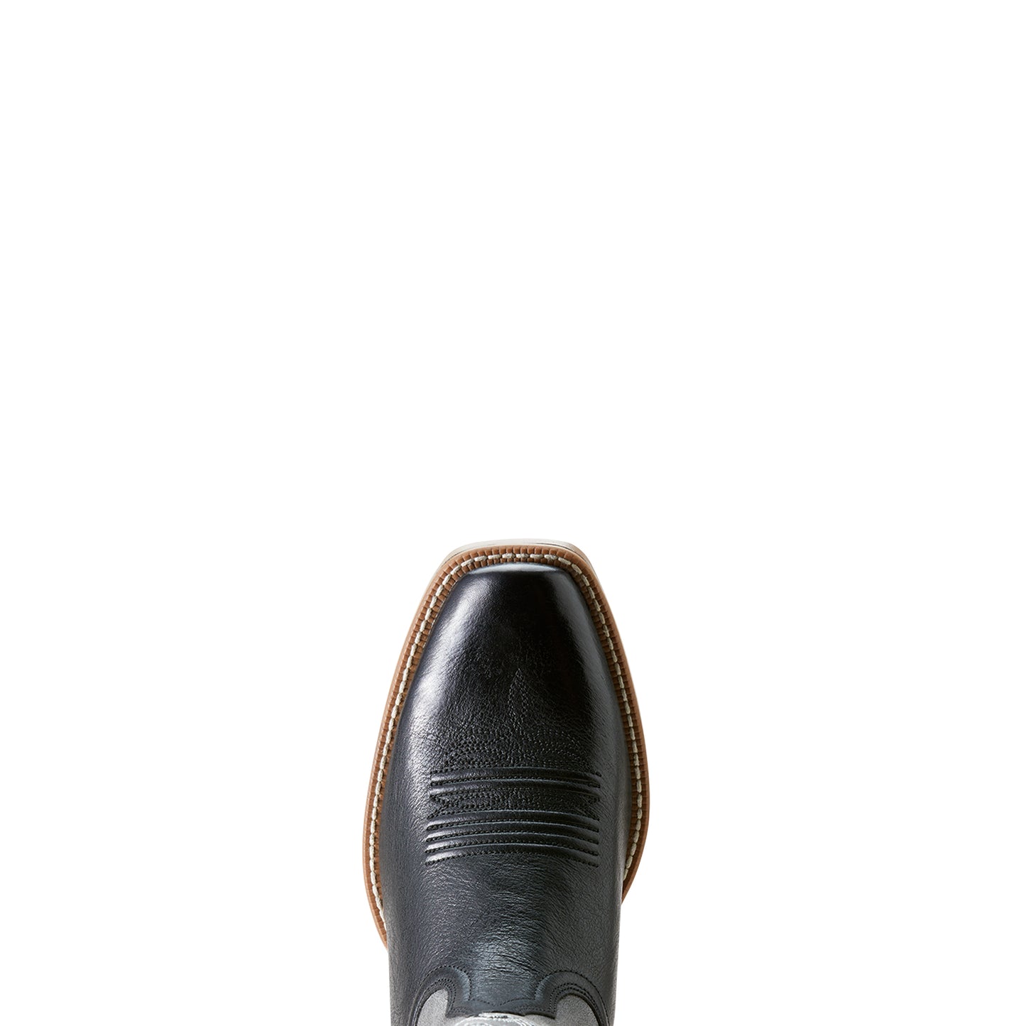 a close up of a black narrow square toe on a cowboy boot