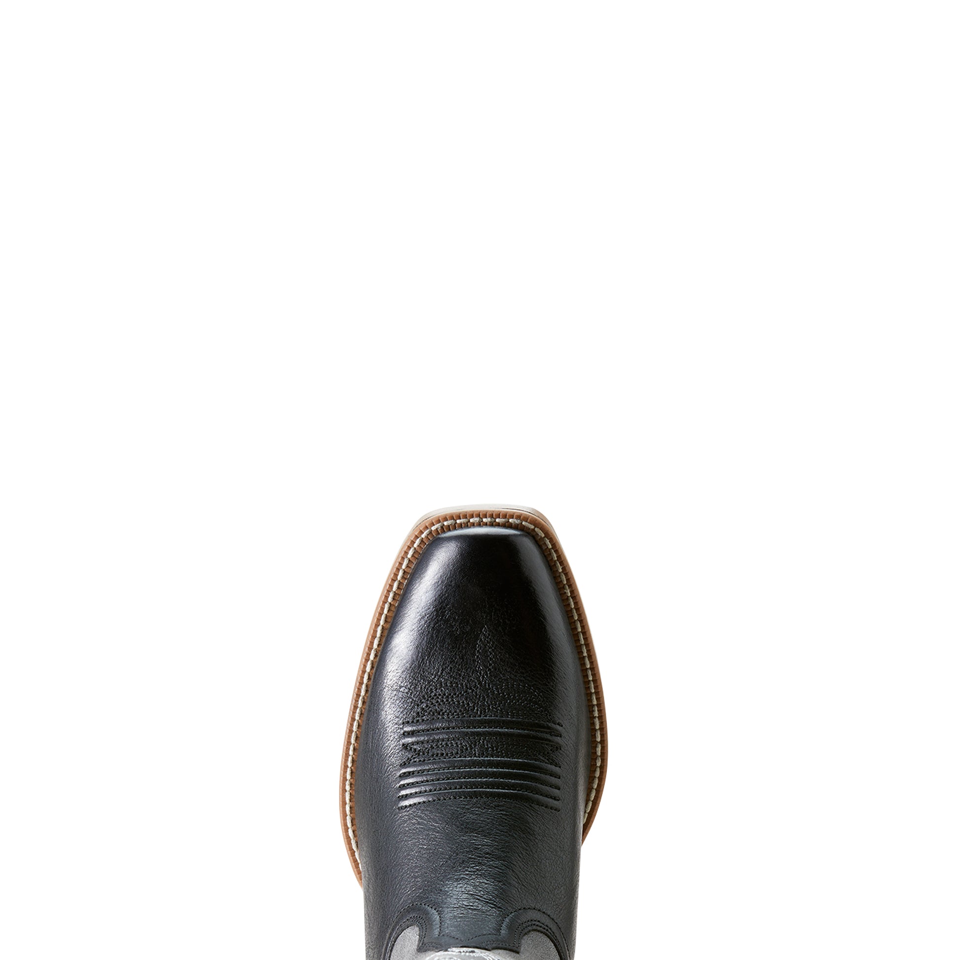 a close up of a black narrow square toe on a cowboy boot