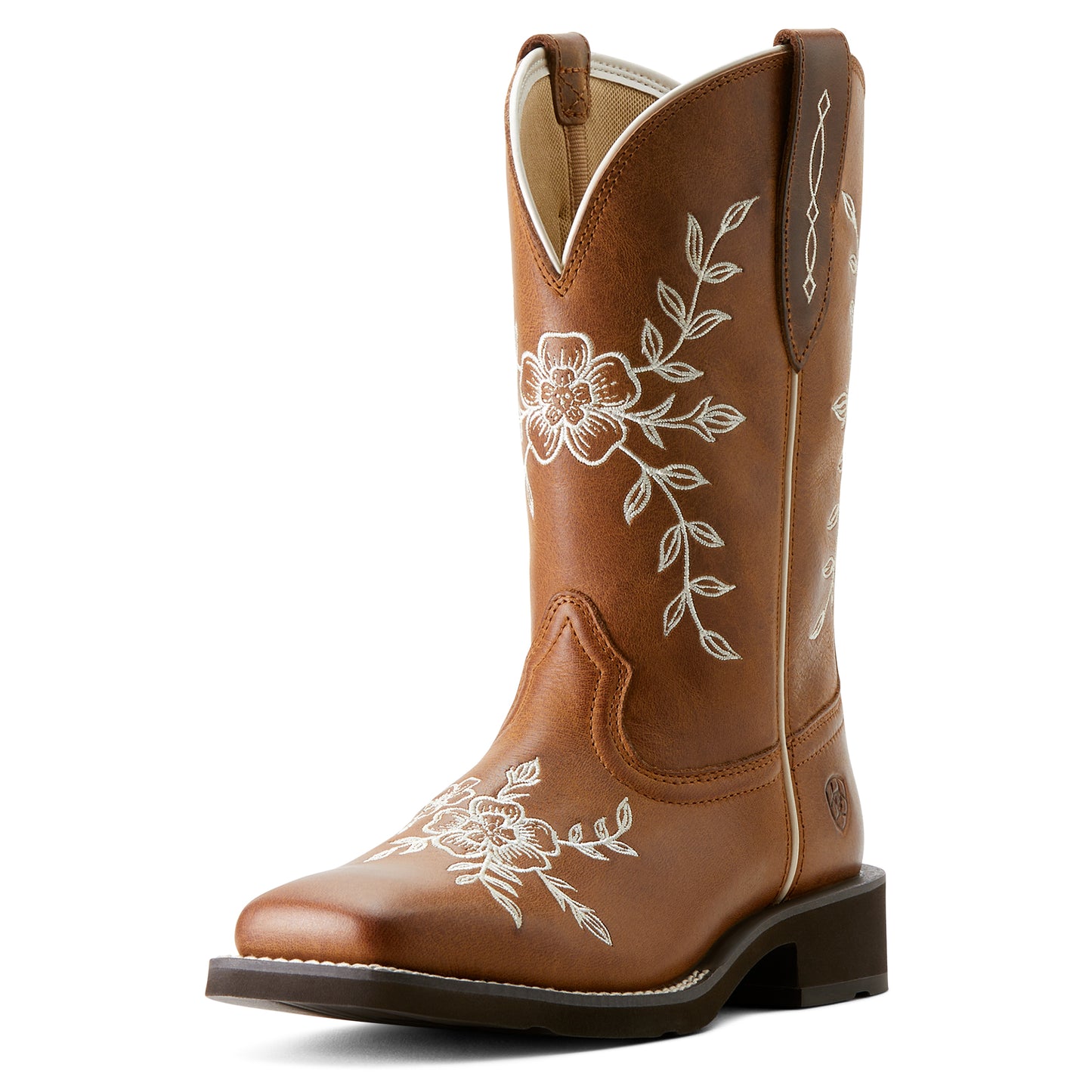 A brown women's cowboy boot with embroidered floral stitch pattern on the upper, featuring a light outsole.