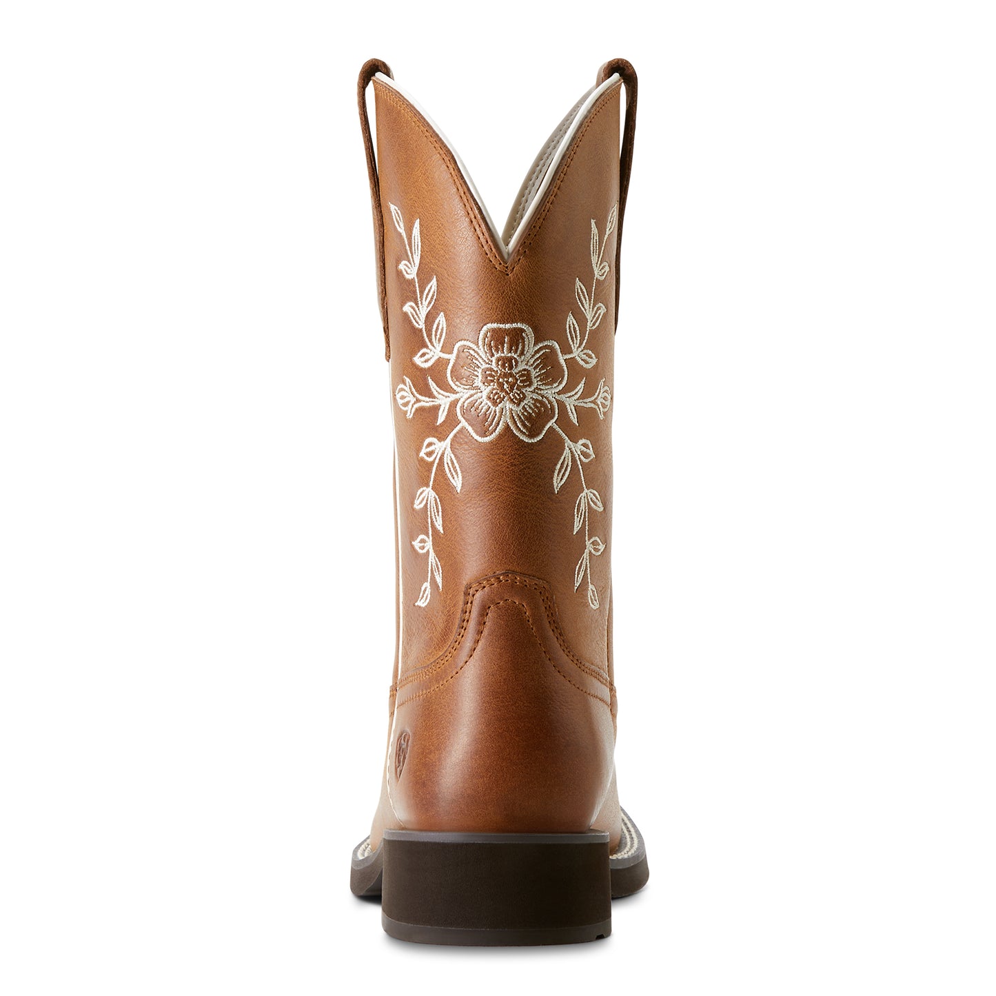 the back of a brown cowboy boot with white floral embroidery