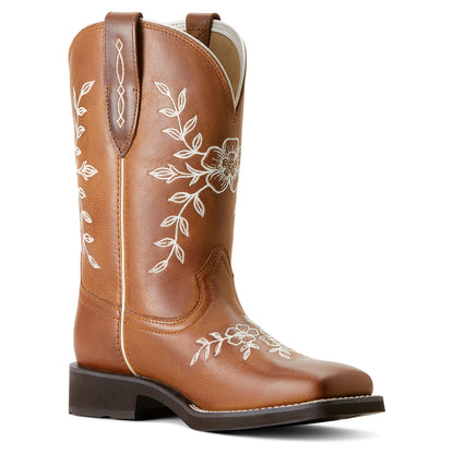 a brown ariat boot with white floral embroidery