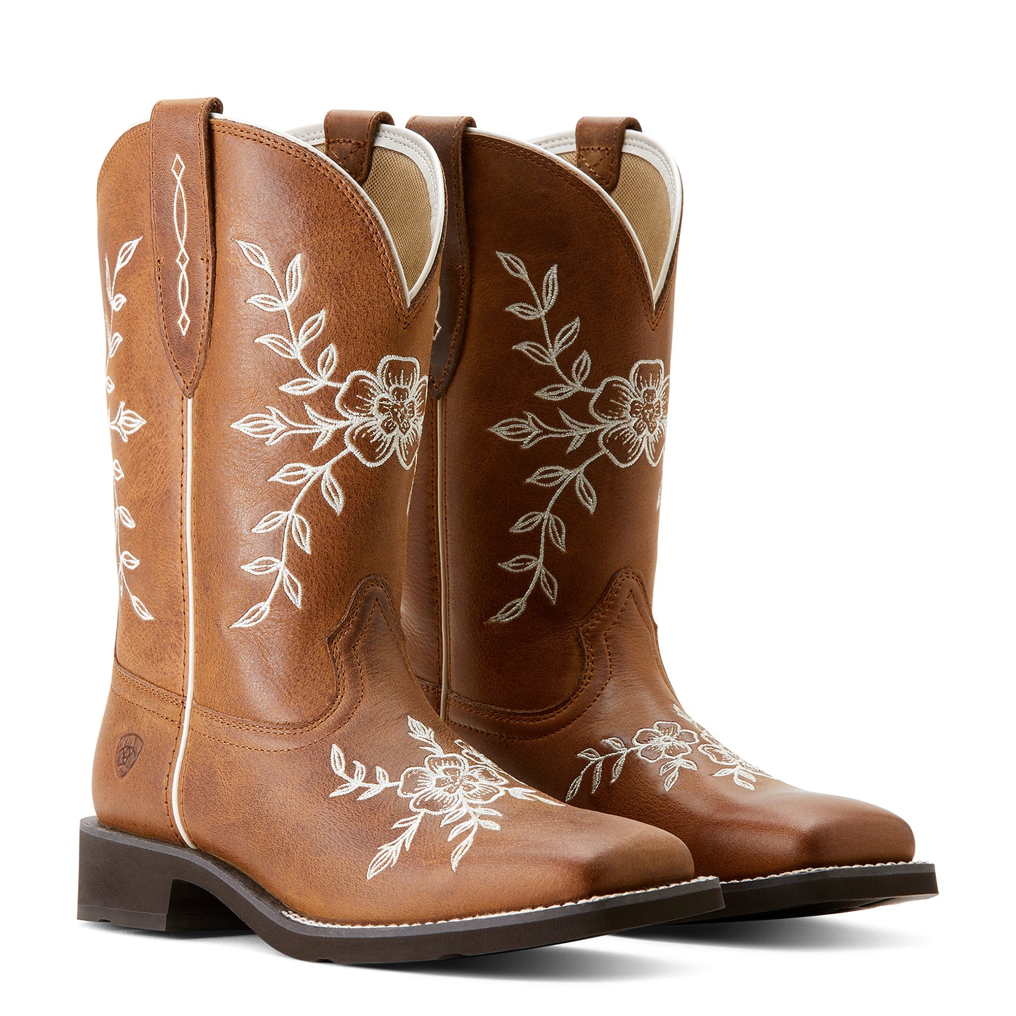 a pair of ariat cowboy boots that are brown with white floral embroidery
