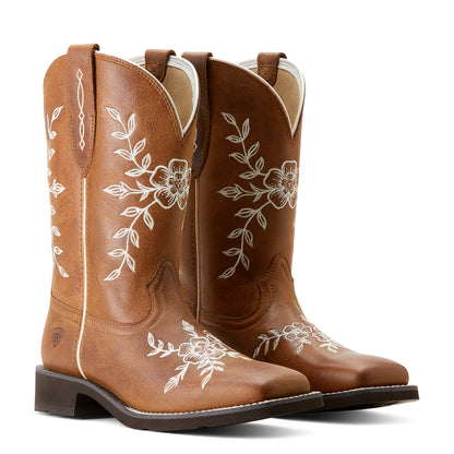a pair of ariat cowboy boots that are brown with white floral embroidery