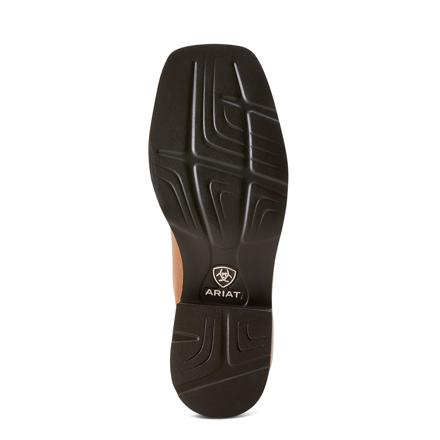 the black outsole of a boot with 'ariat' branding on the bottom