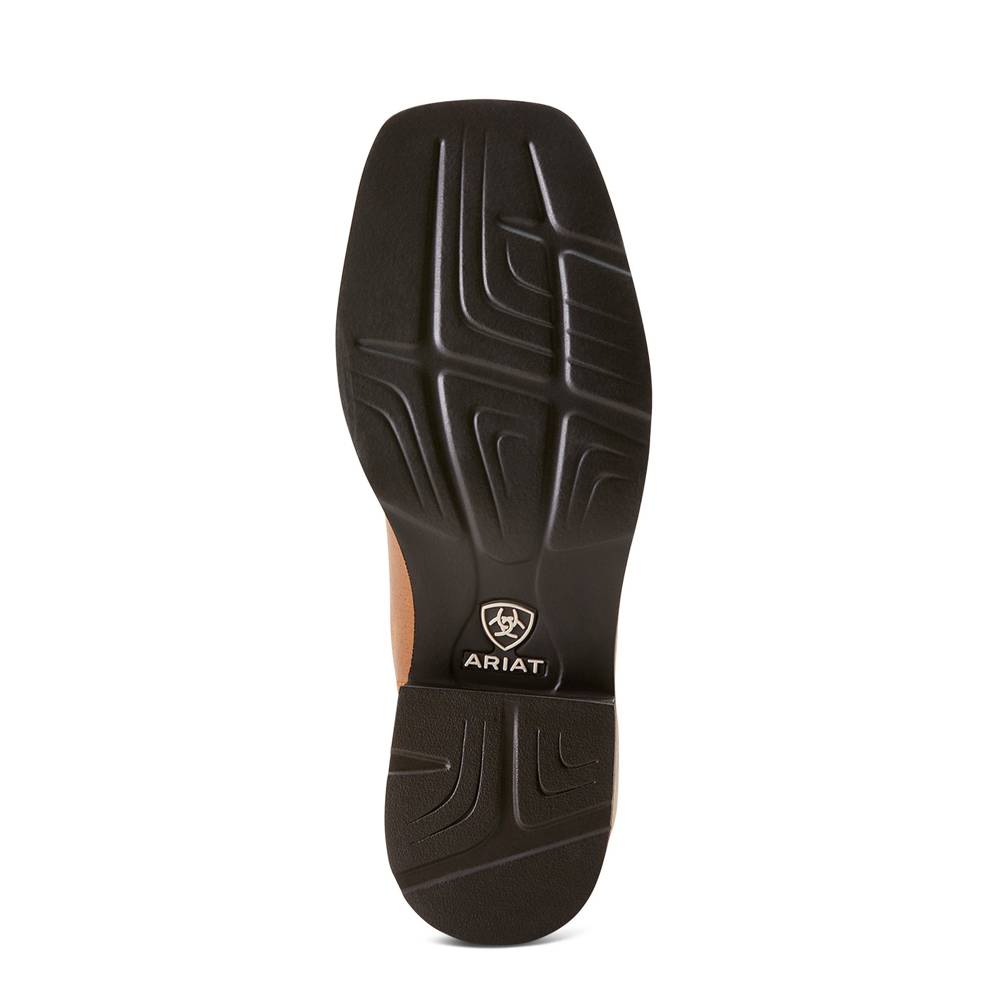 the black outsole of a boot with 'ariat' branding on the bottom