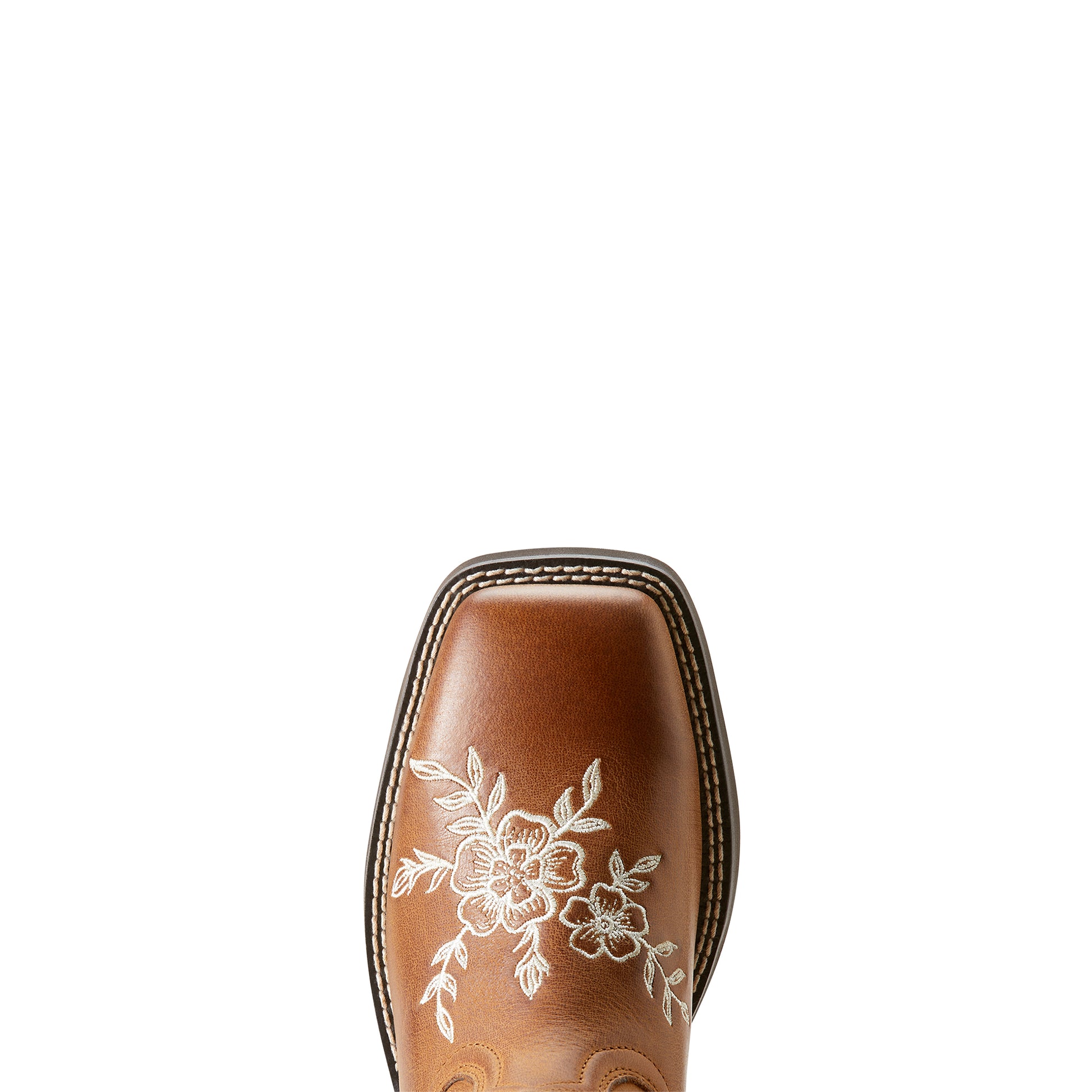 a close up of a wide square toe cowboy boot with floral embroidery on a white background