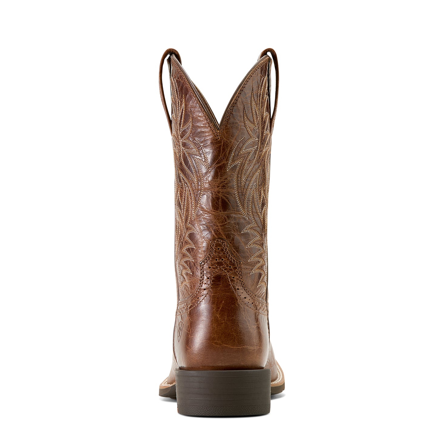 Brown cowboy boot with intricate design on a white background