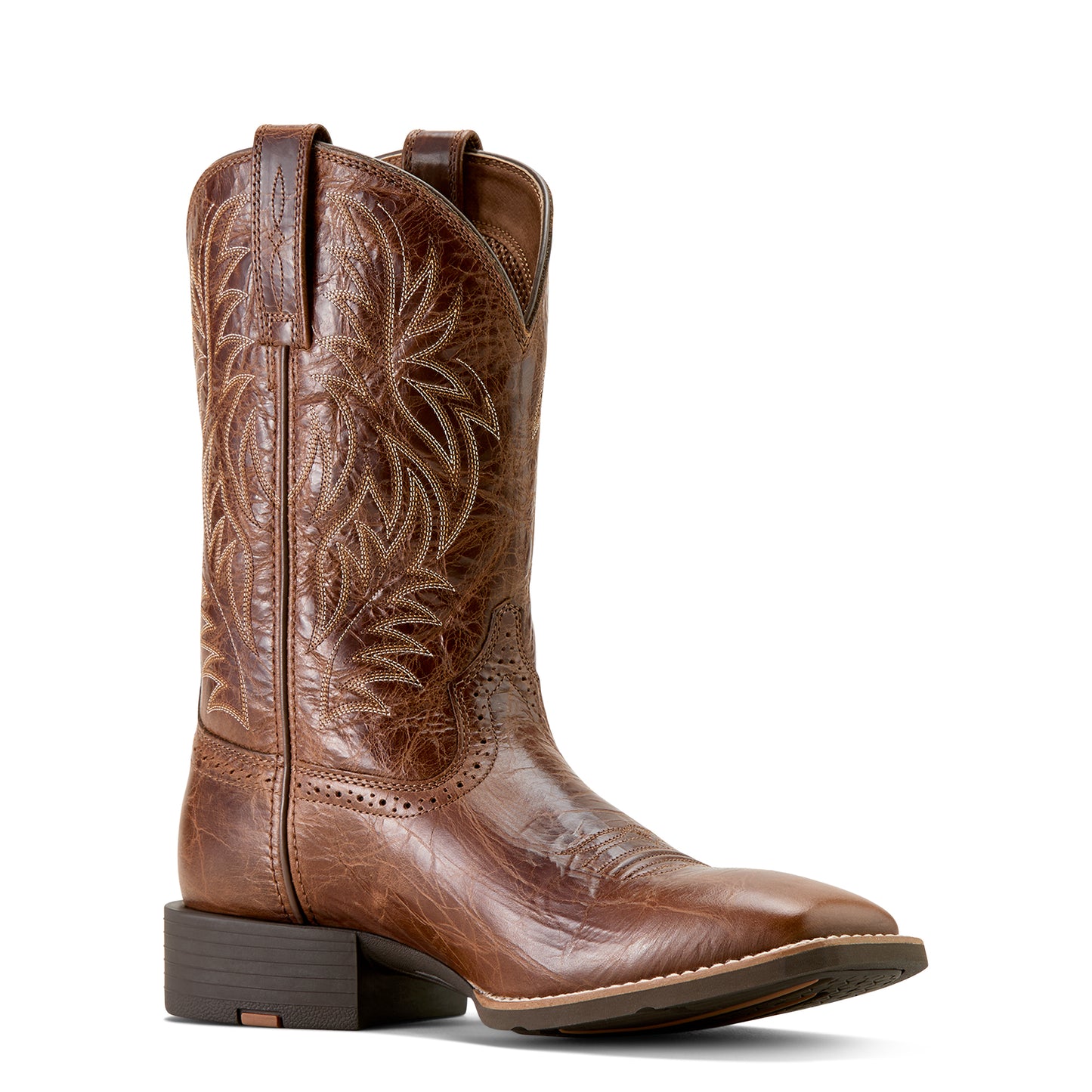 Brown 'Ariat' cowboy boot with intricate embossing on a white background