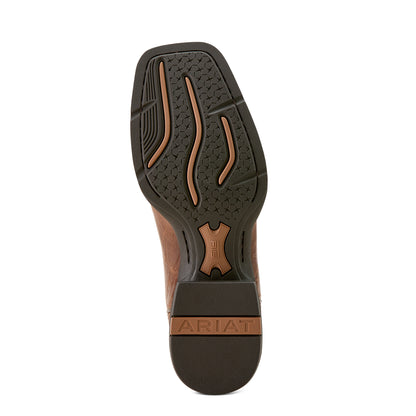 Close-up of a boot sole with Ariat branding on a white background
