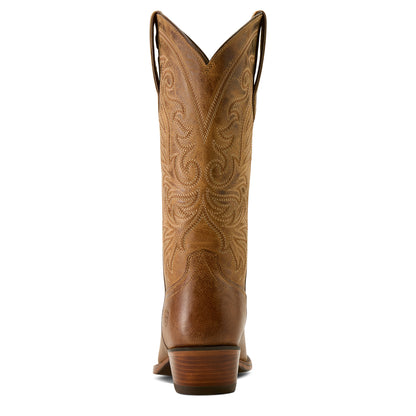 Brown cowboy boot with intricate stitching on a white background