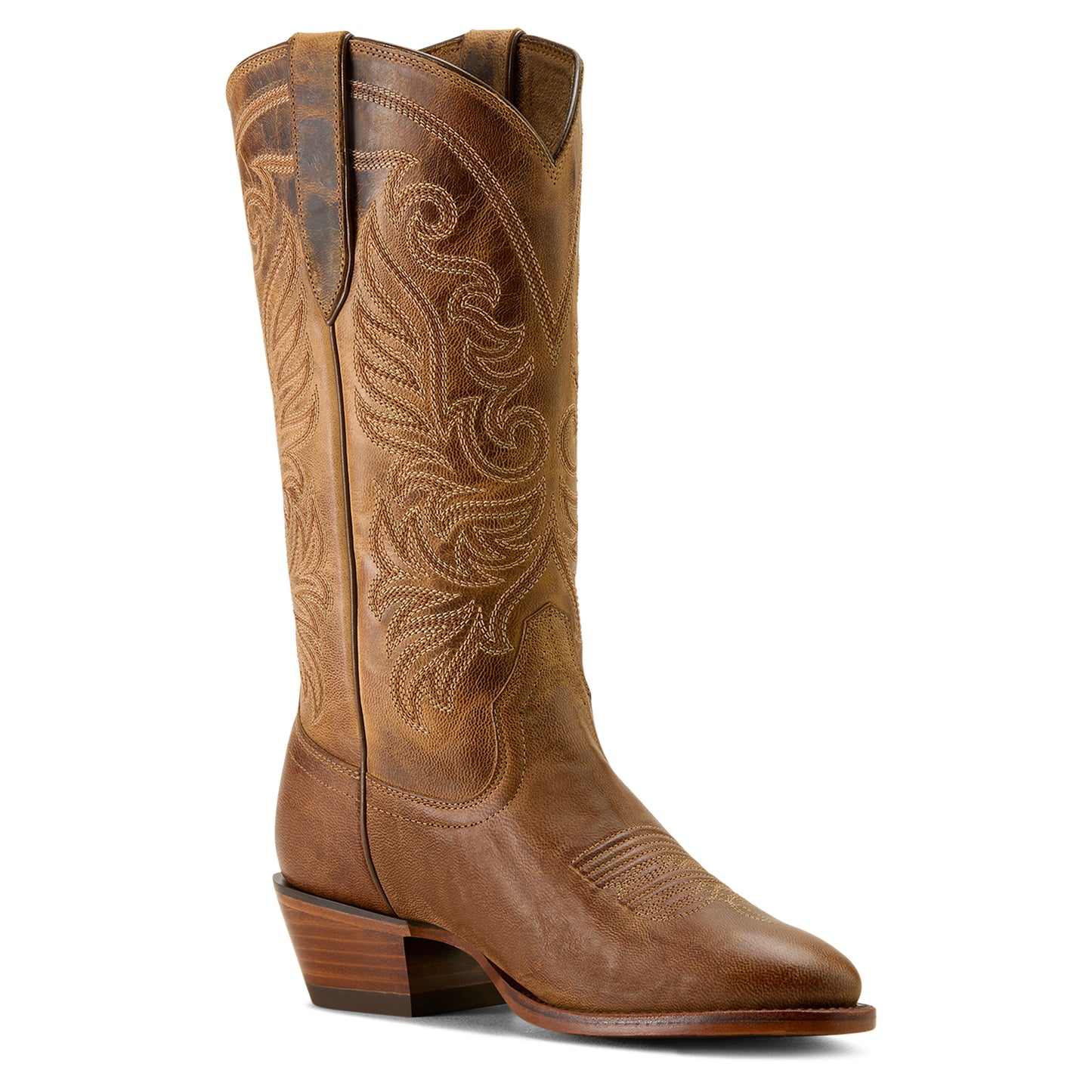 Brown cowboy boot with intricate stitching on a white background