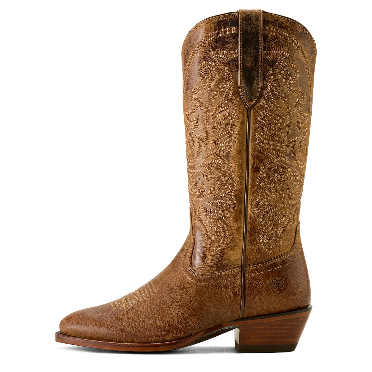 Brown cowboy boot with intricate stitching on a white background