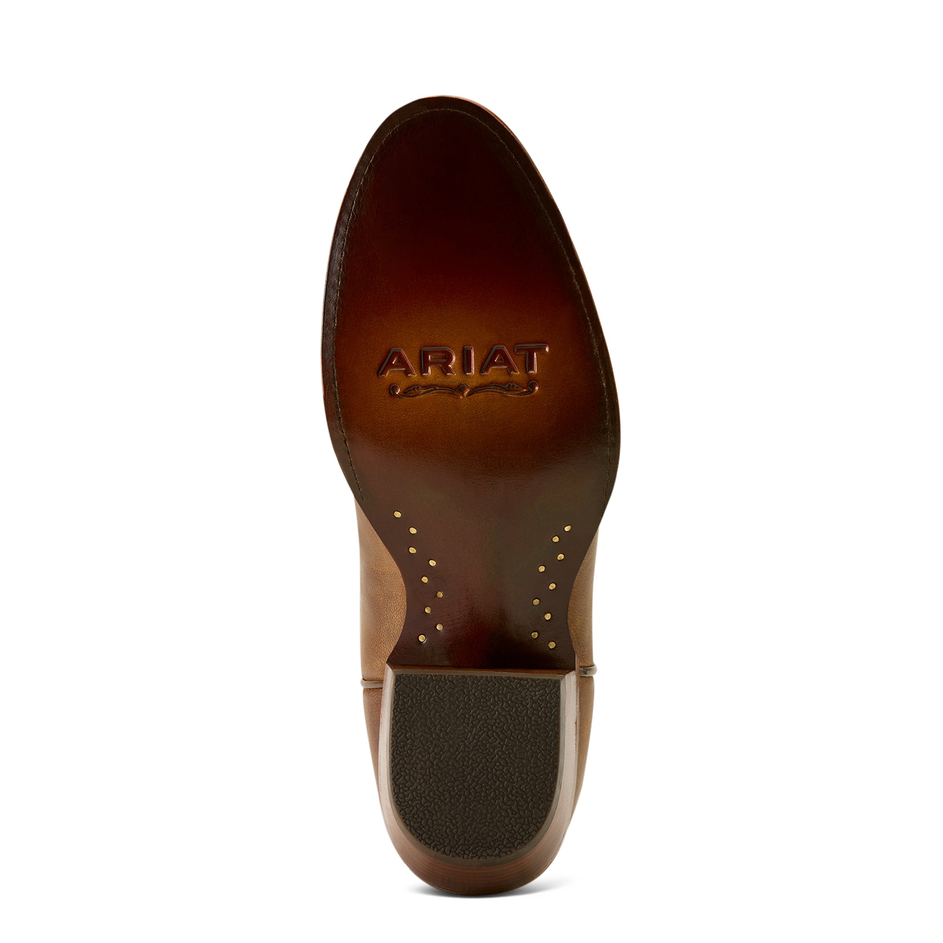 Brown leather boot sole with 'Ariat' branding on a white background