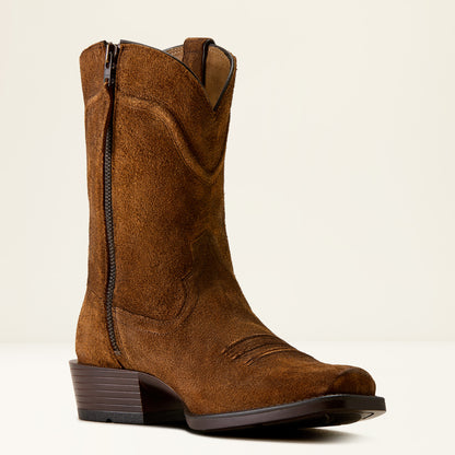 a brown suede cowboy boot with a narrow square toe by ariat with a zipper down the side