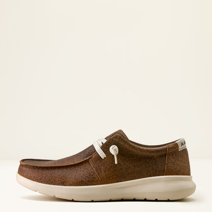 a men's brown elephant print hilo shoe by ariat on an off white background