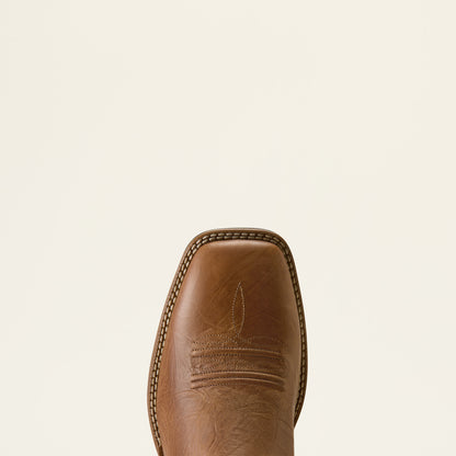 a close up of a wide square toe cowboy boot on an off white background