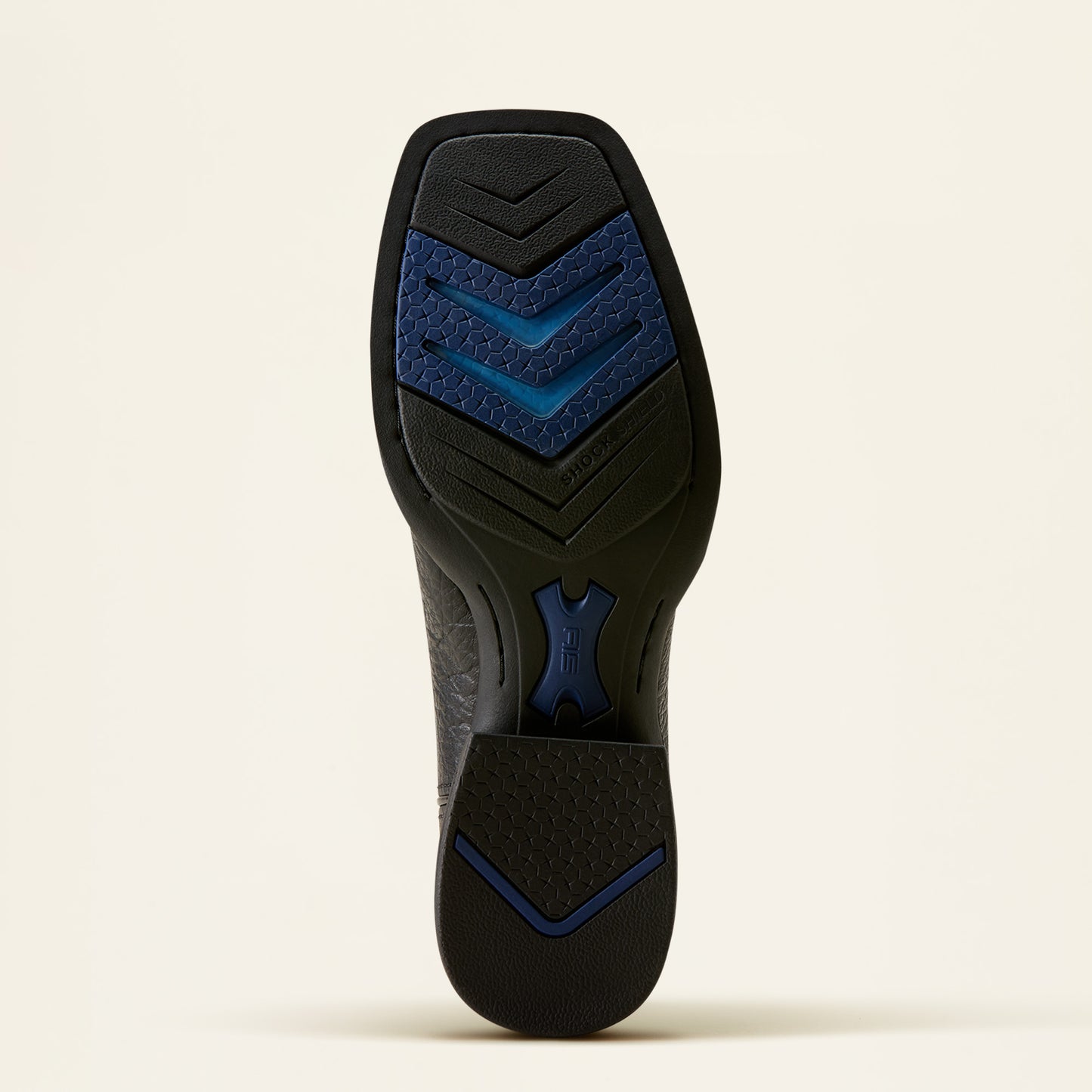 the outsole of an ariat cowboy boot that is black and blue