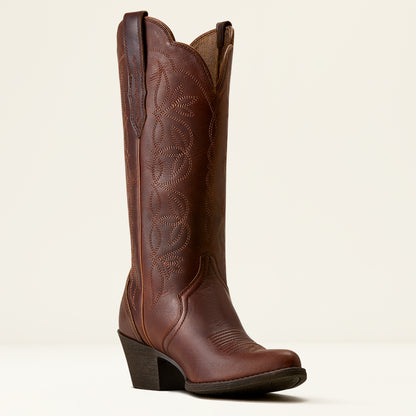 A single brown leather cowboy boot with decorative stitching, a low block heel, and a square toe, photographed against a clean off-white background.
