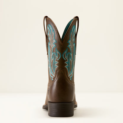 the back of a brown cowboy boot with turquoise stitching