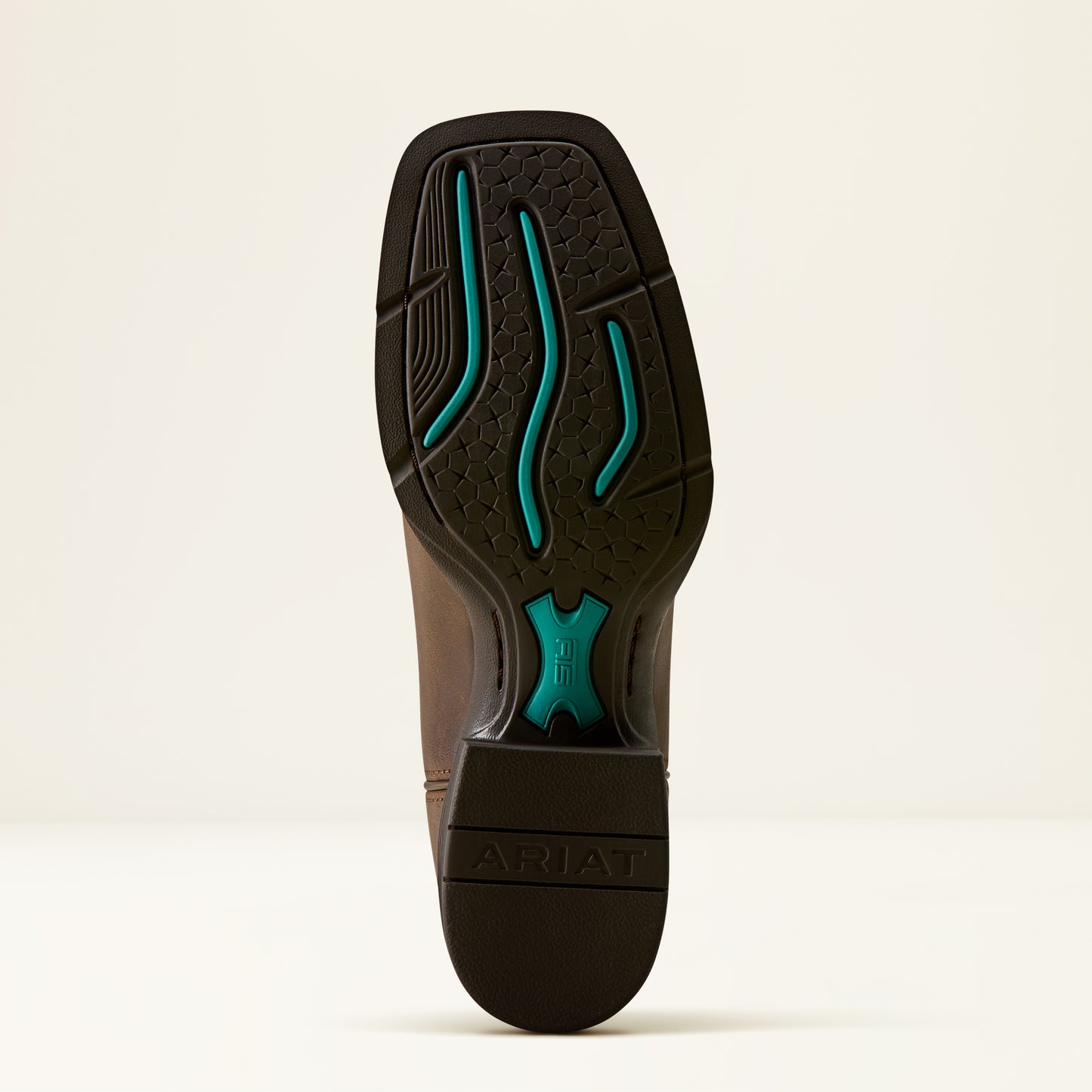 The outsole of a brown Ariat boot, showing a black tread pattern with bright teal accents and the Ariat brand name embossed on the heel.