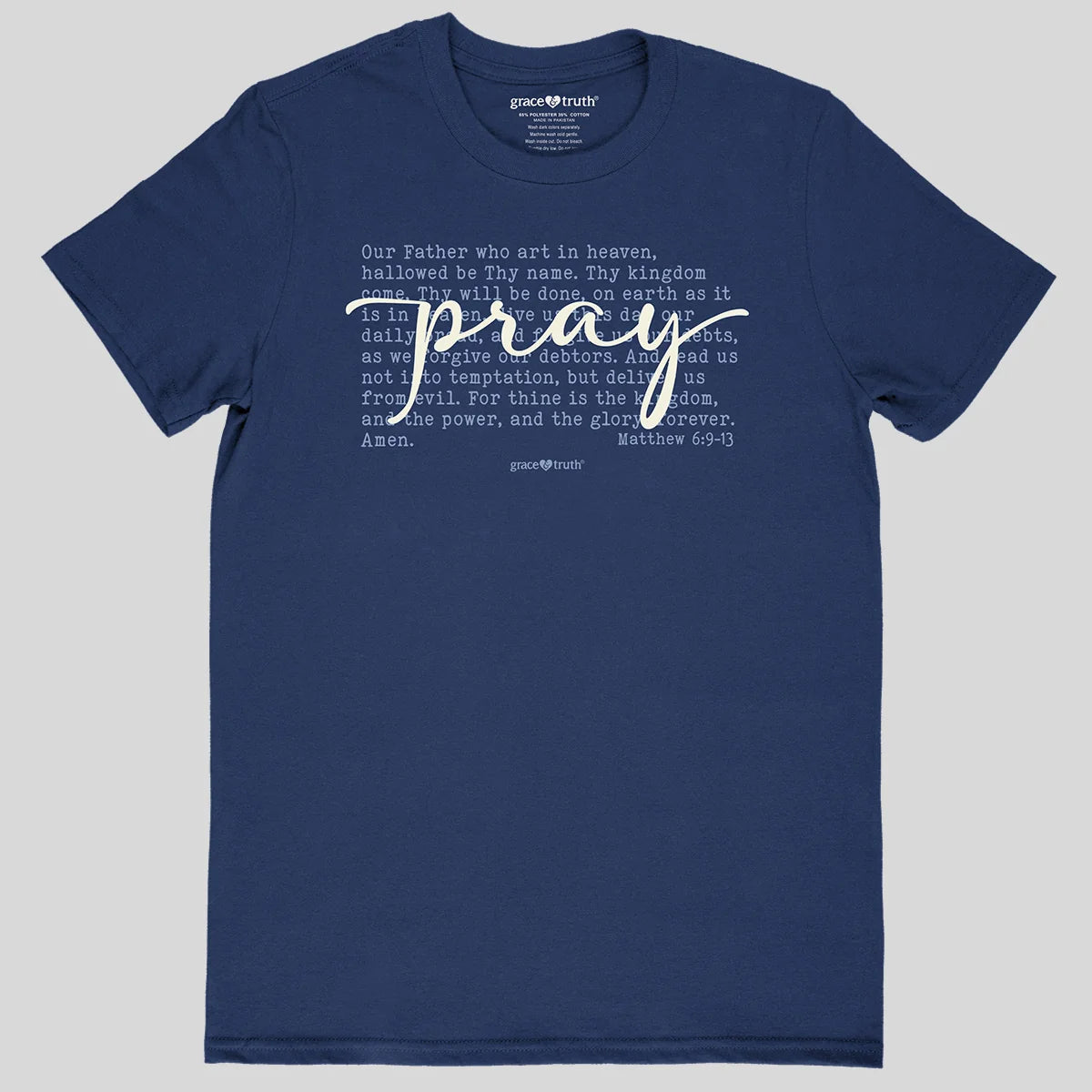 A short-sleeve crewneck t-shirt from Grace & Truth in a muted dusty purple color, featuring the white cursive text 'Pray' printed on the chest.