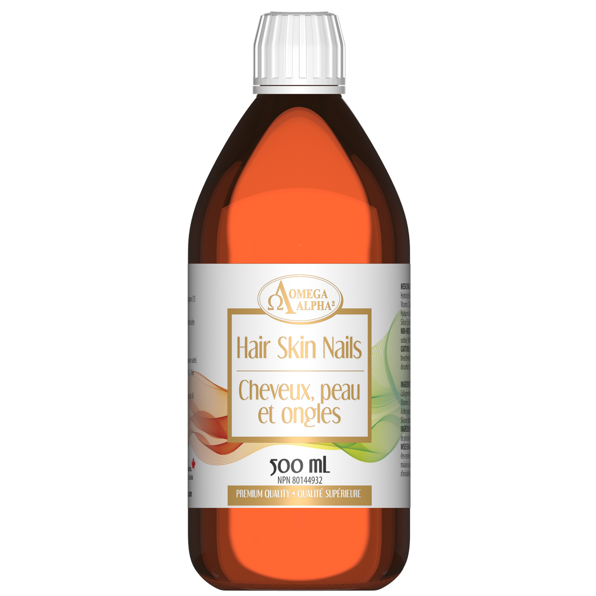 a glass bottle of hair skin nails by omega alpha
