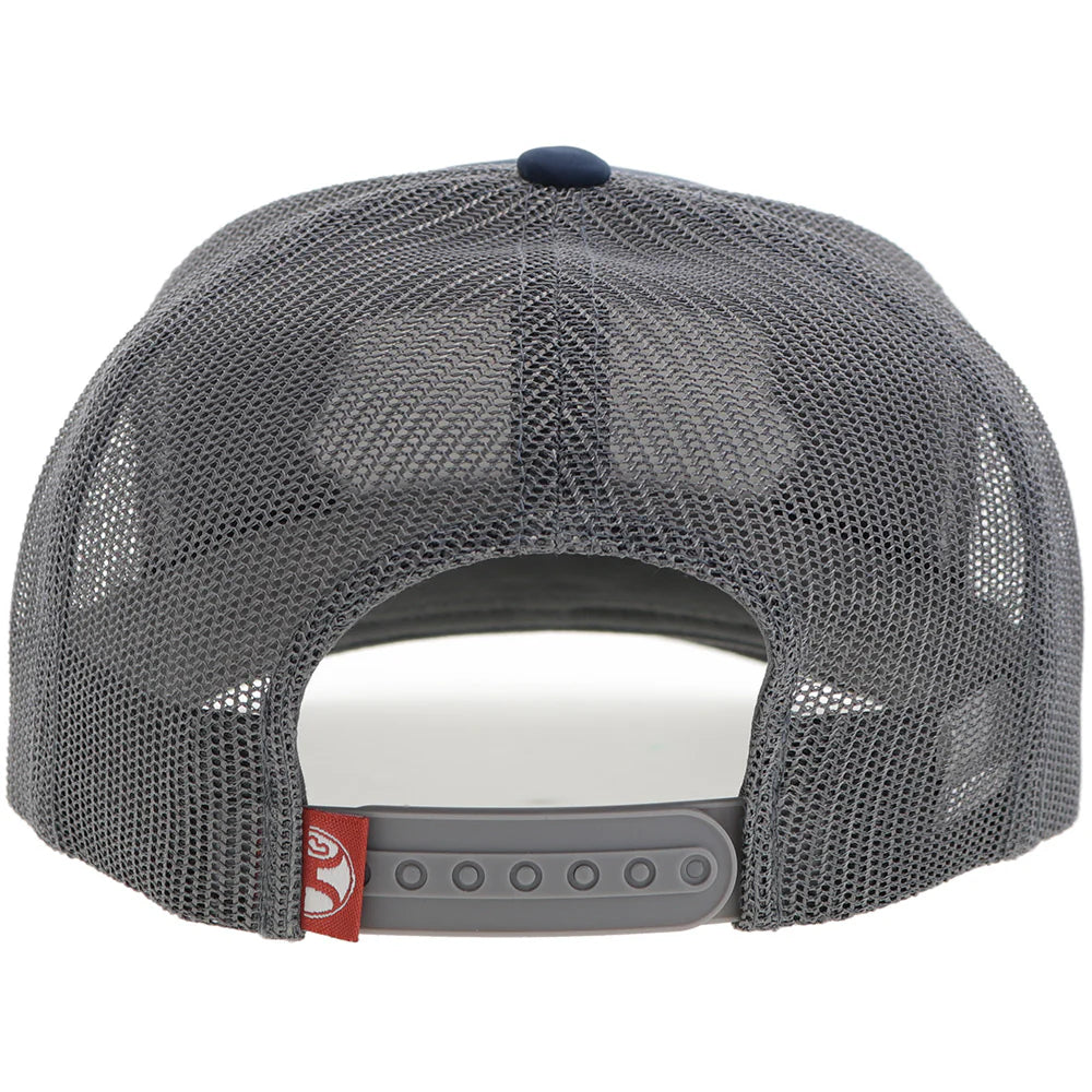Back view of a gray mesh Hooey cap with a red logo tag on a white background